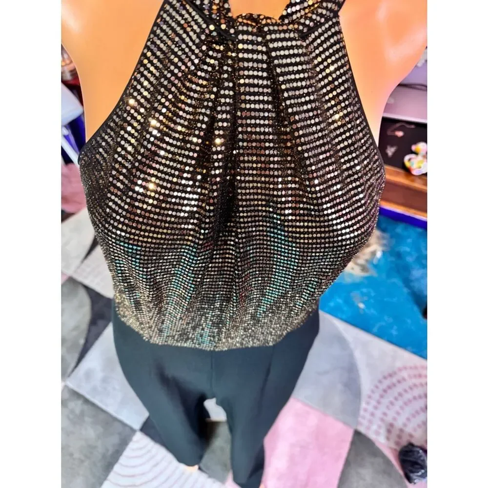 Sequin Halter Jumpsuit in Black and Bronze Gold - Picture 7 of 12